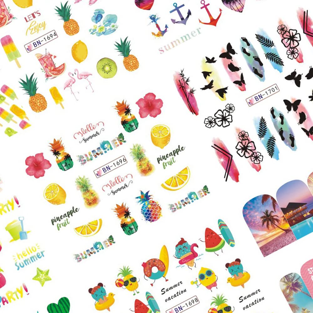 Summer Nail Art Stickers Decals, 12 Sheets of Fruit Hawaii Design Water Transfer Nail Slider Tattoos Holographic Colorful Pineapple Watermelon Pattern Acrylic Nail Art for Summer DIY Nail Decoration-Velvo Beauty