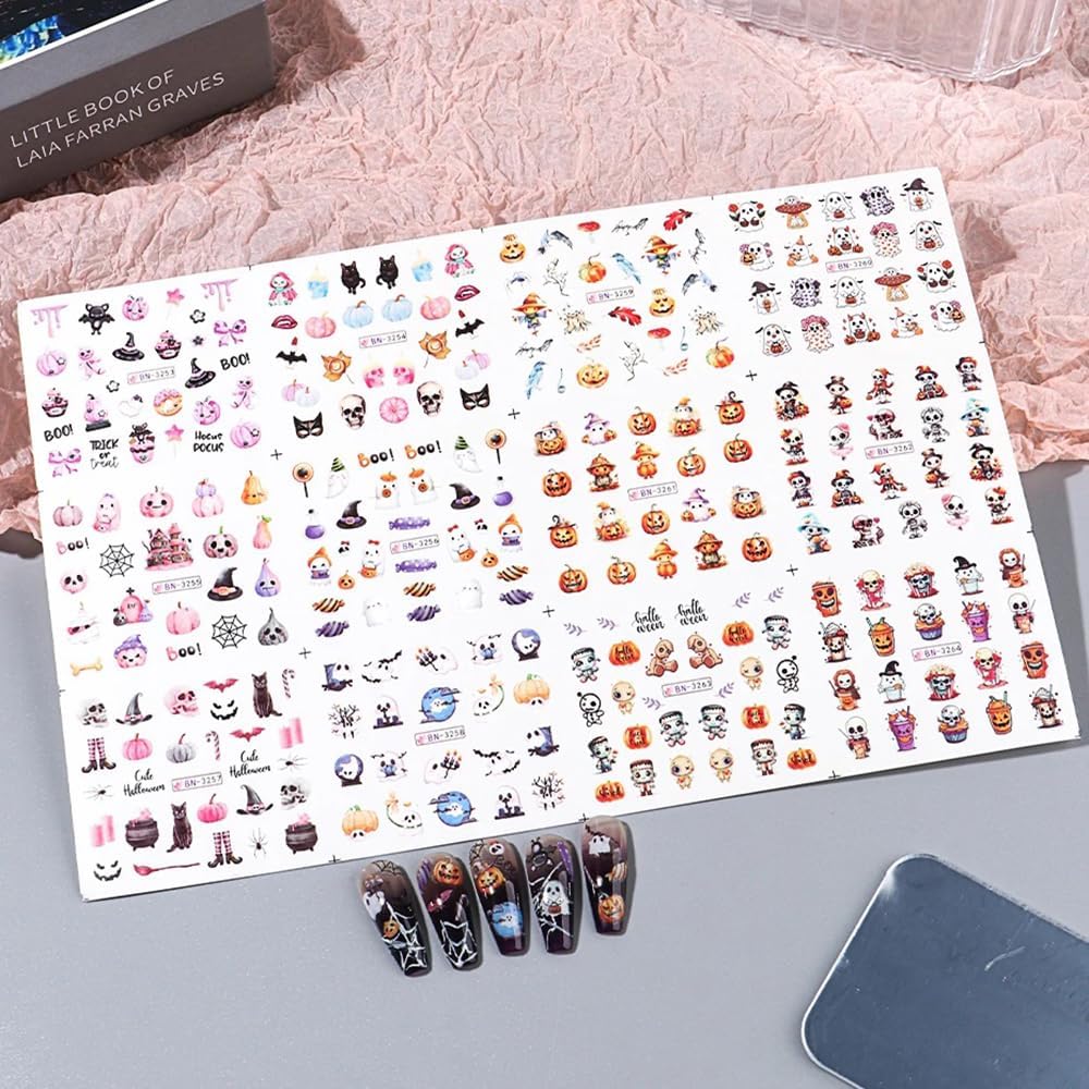 Halloween Pumpkin Nail Art Stickers Decals, 12Pcs Cute Ghost Skeleton Bat Pattern Water Transfer Nail Foils Decals for Halloween Nail Art Decoration Watermark Acrylic Stickers for Manicure DIY Supply-Velvo Beauty