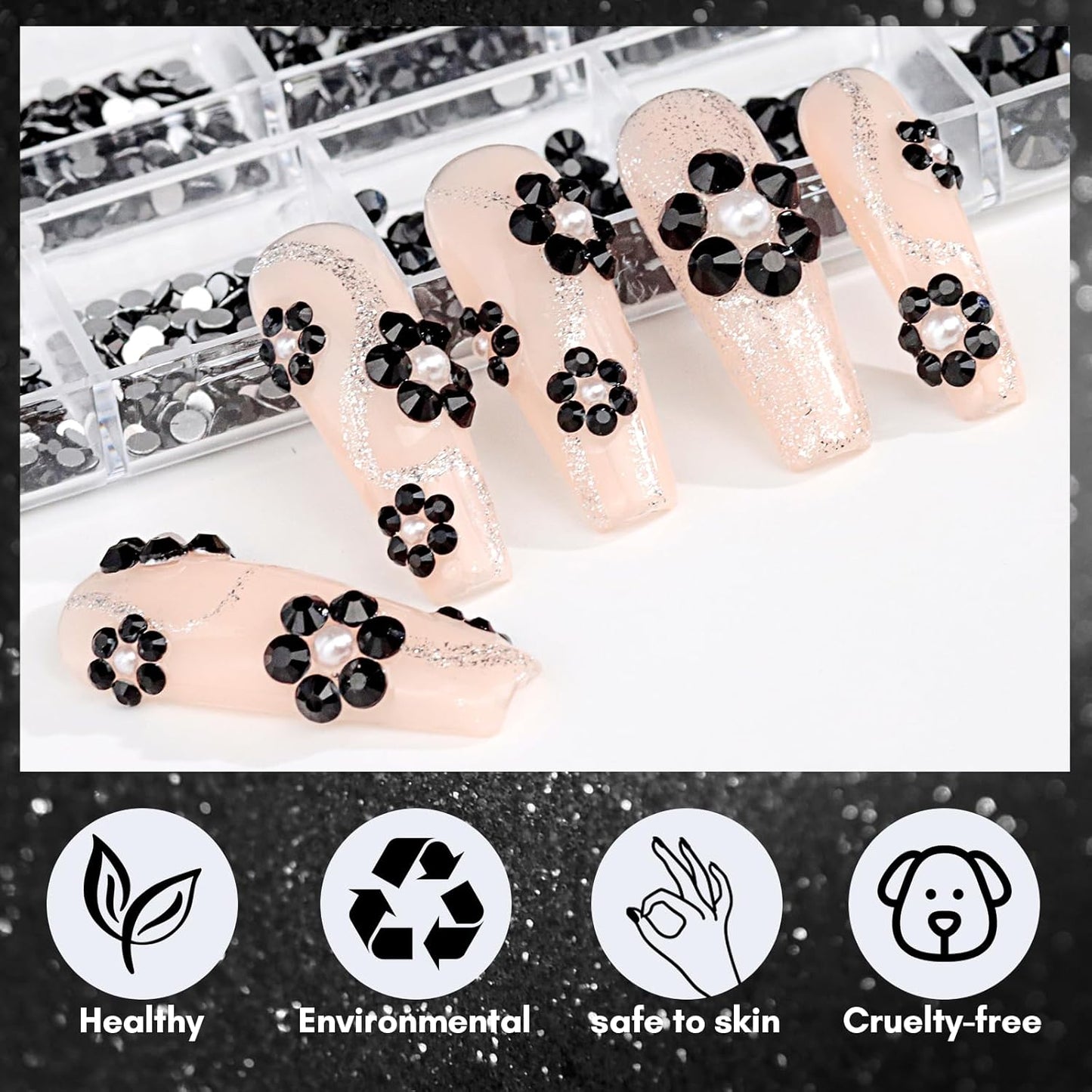 Makartt, 1110 Pcs Rhinestones Set, Black, Round, Multi-Size, Glass or Crystal, for DIY Crafts, Nail Art Supplies Accessories, Christmas Gift-Velvo Beauty