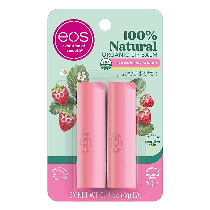 eos 100% Natural & Organic Lip Balm- Strawberry Sorbet, Dermatologist Recommended for Sensitive Skin, All-Day Moisture, 0.14 oz, 2 Pack-Velvo Beauty