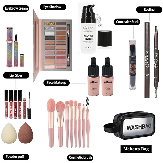 All in One Makeup Kit, Includes 20 Colors Eyeshadow Palette, RUIGPRO Foundation & Face Primer, Makeup Brush, Makeup Sponge, Eyebrow Soap, Winged Eyeliner Stamp, Gift Set for Women, Girls & Teens-Velvo Beauty