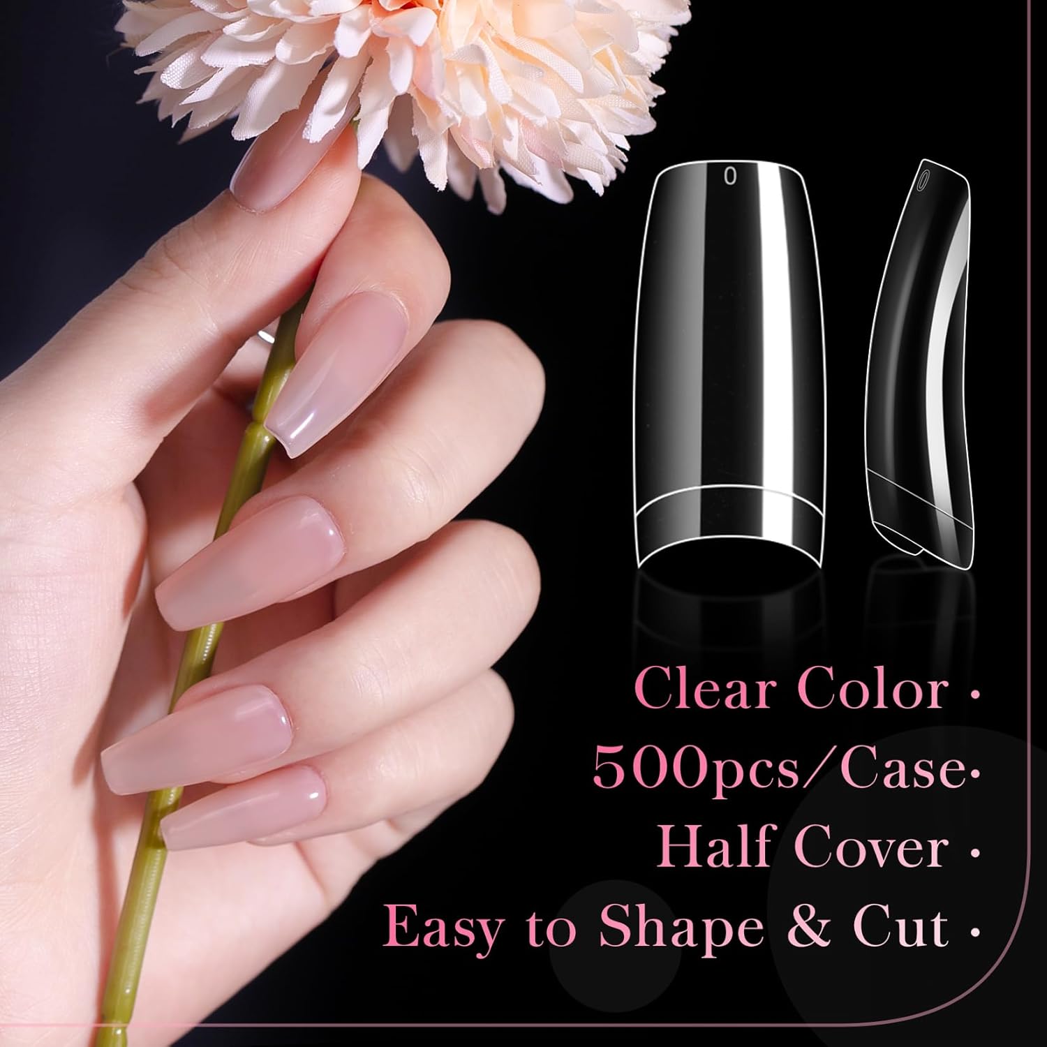 krofaue 500PCS Clear False Nails Tips - Half Cover Lady French Style Acrylic Artificial Tip Manicure with Box of 10 Sizes for Nail Tips Art Salons and Home DIY-Velvo Beauty