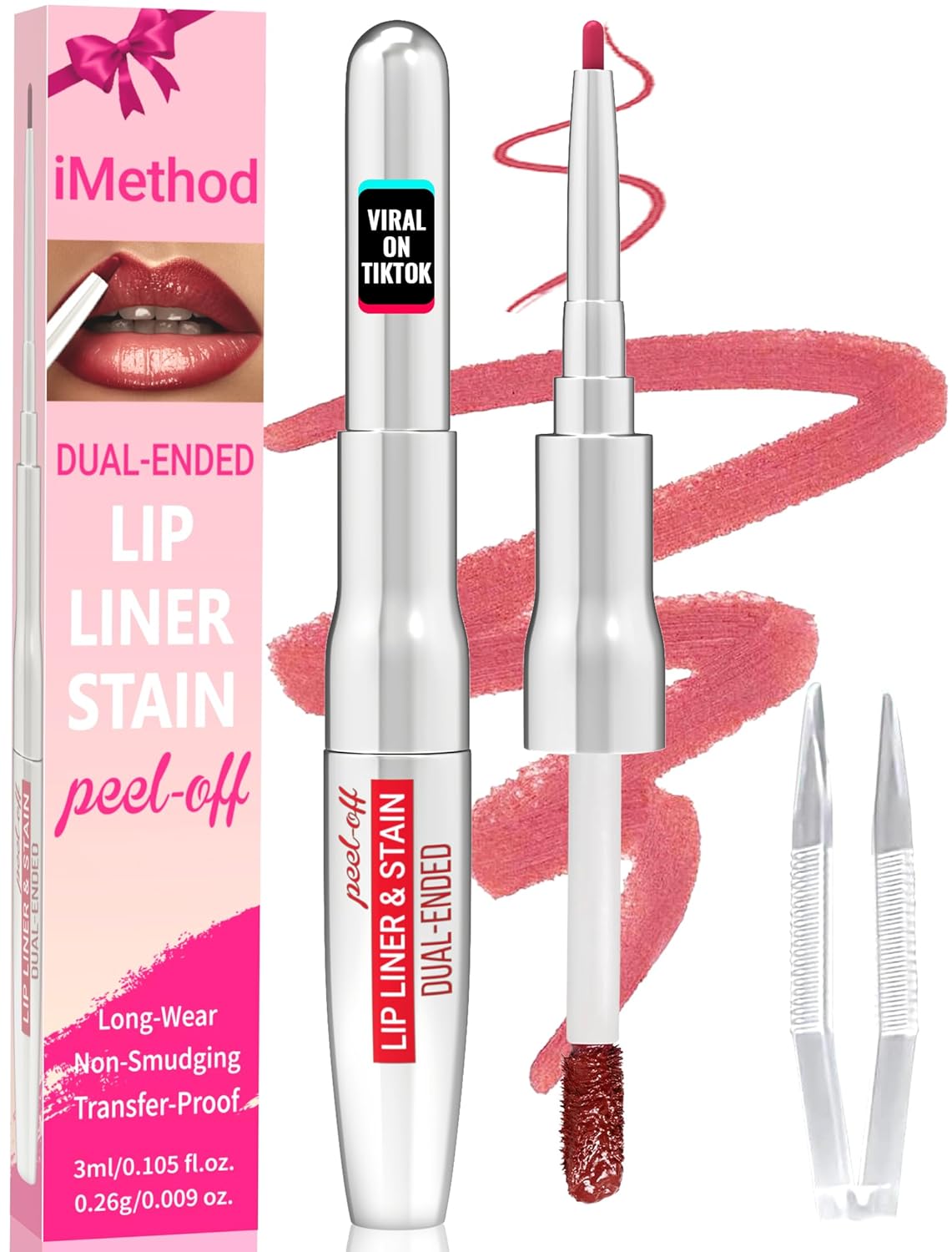 iMethod Lip Liner Stain - Lip Stain, 2-In-1 Dual-Ended Peel Off Lip Stain with Tweezer, Natural Long Lasting Peel Off Lip Liner, Easy to Use for All Skin Types, Stay All Day, Nude Pink-Velvo Beauty