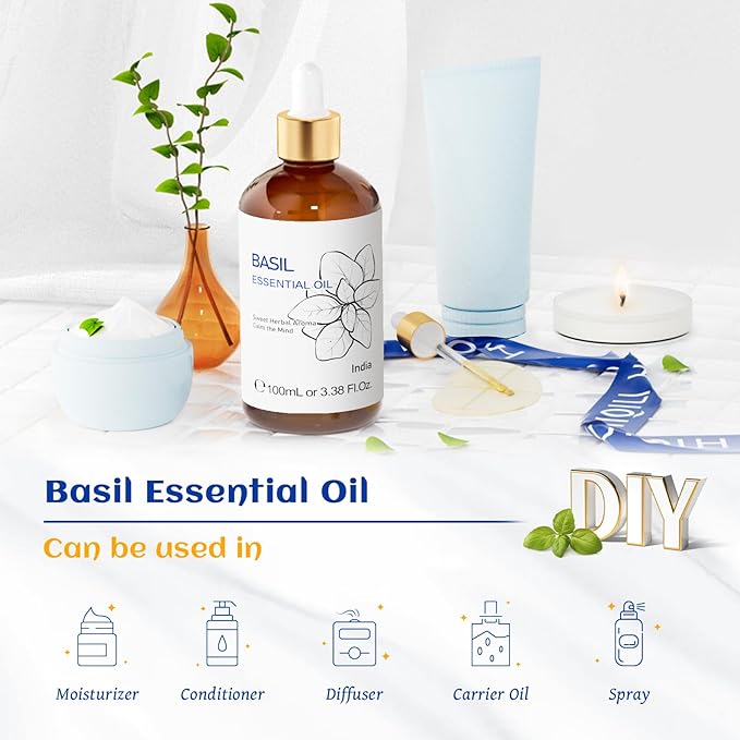 HIQILI Basil Essential Oil, 100% Pure & Natural, Diffuser in Bedroom, Yoga, Mediation for Calming Relaxation Mood, Hair Growth, Body Massage, DIY Sweet Herbal Scented Soap Gifts- 100ML-Velvo Beauty