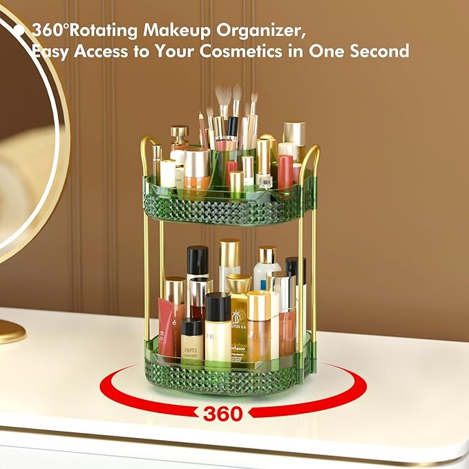 Awenia Rotating Makeup Organizer 360, Stackable Adjustable Large Capacity Cosmetic Storage Unit,Dresser Bathroom Kitchen Countertop Organizer with Metal Handle, Plus Size (Gem Green, 2 Tier)-Velvo Beauty