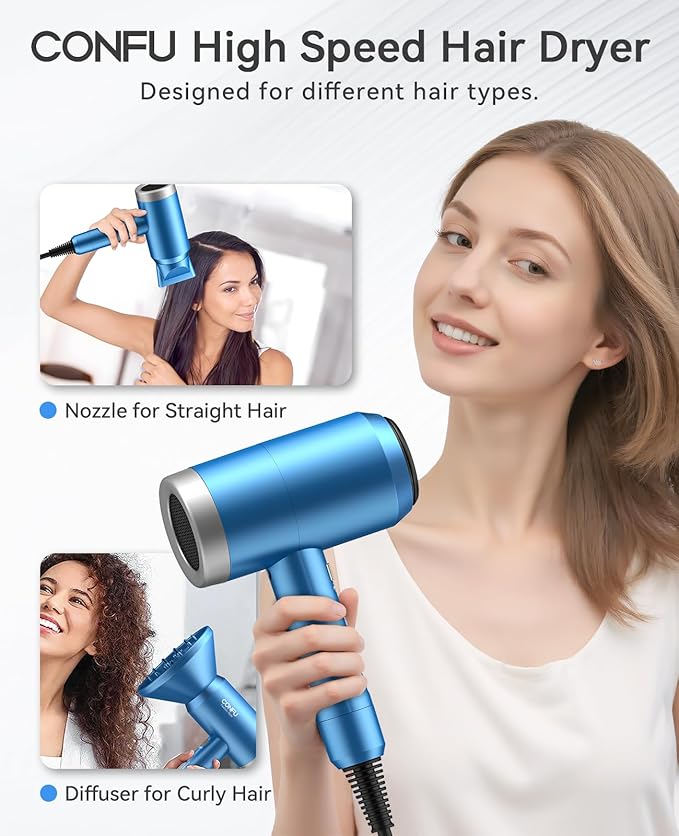 Hair Dryer, CONFU Hair Dryer with Diffuser, 21000PRM Professional Hairdryer, Portable Lightweight Fast Drying Negative Ionic Blow Dryer, Hair Diffuser for Curly Hair for Home Travel-Velvo Beauty