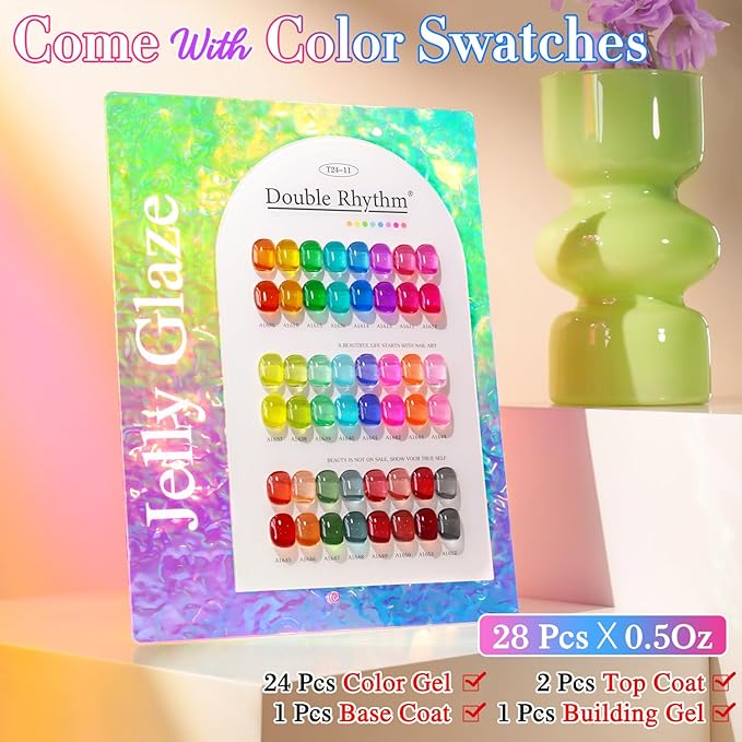 Double Rhythm 28Pcs 0.5Oz Gel Nail Polish Set Same Color Same Bottle Soak Off Gel Polish Kit Nail Art Manicure Salon DIY at Home for Women (Neon Jelly Sheer Collection-T24-11)-Velvo Beauty