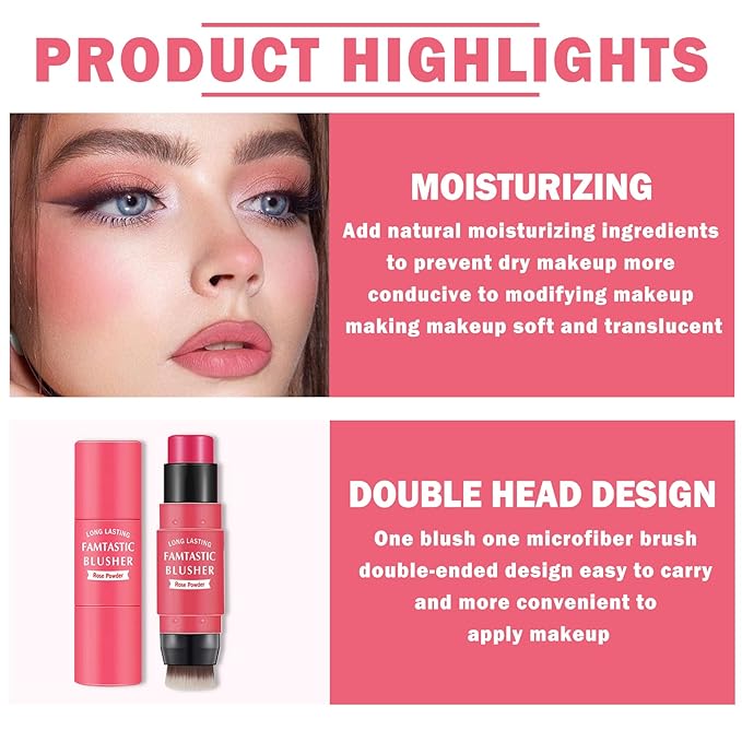 Cream Blush Stick with Brush, Waterproof, Long Lasting, Natural Finish, Rose Red - Compact Stick for All Skin Tones-Velvo Beauty