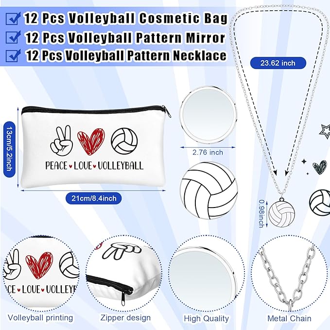72 Pcs Sports Team Gifts Include 12 Makeup Bags 12 Lip Balm 12 Lip Balm Holder 12 Necklace 12 Adjustable Bracelet 12 Mirrors for Sports Lovers Players Party Favors (White, Volleyball)-Velvo Beauty