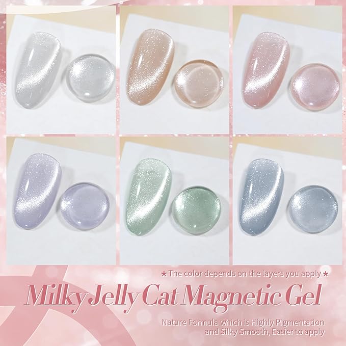 Born Pretty Cat Magnetic Eye Gel Nail Polish, Pastel Milky Jelly Cat Magnetic Gel Pastel Blue Green Purple Pink Nude Silver Nail Art Gel Manicure Salon DIY Gifts 7ML 6PCS-Velvo Beauty