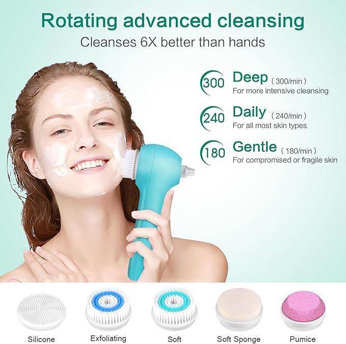 Face Scrubber Exfoliator,Facial Cleansing Brush Waterproof with LCD Screen,Blackhead Remover Vacuum with 5 Brush Heads,Face Spin Brush for Exfoliating (Blue-Blue)-Velvo Beauty