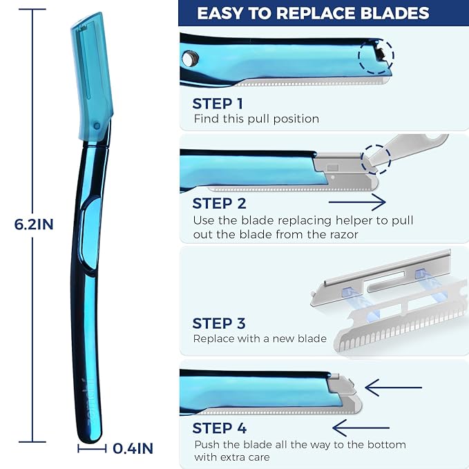 ZOMCHI Eyebrow Razor, Face Razors for Women&Men, Eyebrow Trimmer with Protective Silicone Cap, Dermaplane Razor-Easy&Safe Hair Removal(Blue,11 Blades)-Velvo Beauty