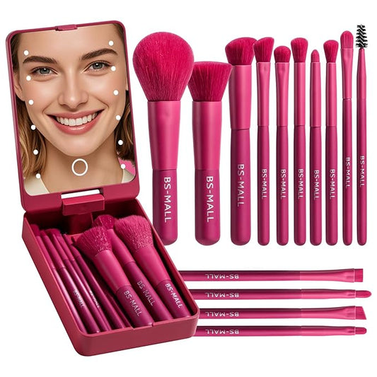 BS-MALL Travel Makeup Brush Set Foundation Powder Concealers Eye Shadows Makeup Set with LED light Mirror 14 Pcs (HotPink)-Velvo Beauty