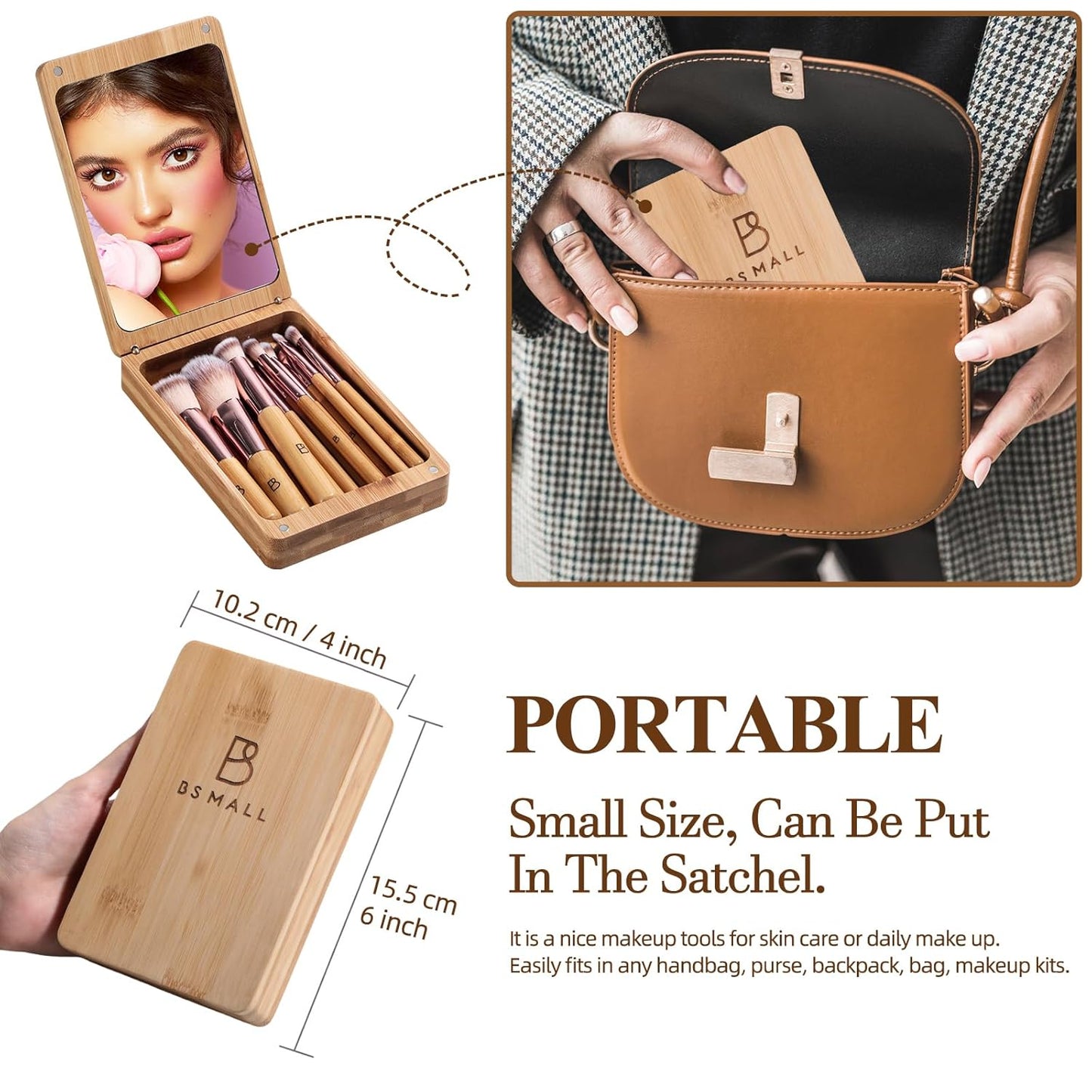 BS-MALL Travel Makeup Brush Set Kabuki Brushes Bamboo- Includes Eyeshadow Blush Brush & Foundation Brush For Liquid Makeup - 5X Magnifier Bamboo Mirror Case For Travel or On the Car Daily Use-Velvo Beauty