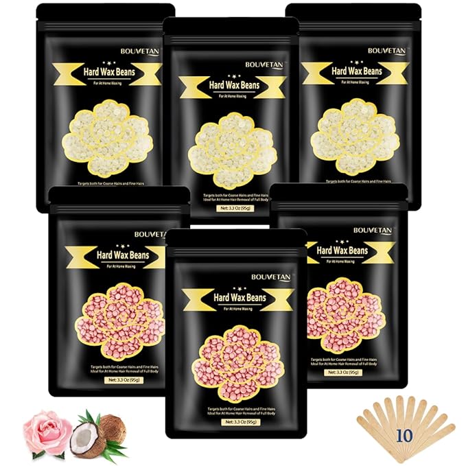 1.3Lb/21oz Hard Wax Beads for Hair Removal, Bouvetean Wax Beans for Bikini, Eyebrow, Face, Legs, Full Body Sensitive Skin Waxing with 10pcs Wax Spatulas (Pack of 6)-Velvo Beauty