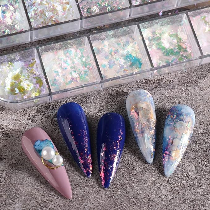 Holographic Iridescent Nail Art Nail Glitter KALEFUL Powder Aurora Foil Sequins Flakes Paillettes Designs Manicure Nail Decorations - 12 Grids-Velvo Beauty