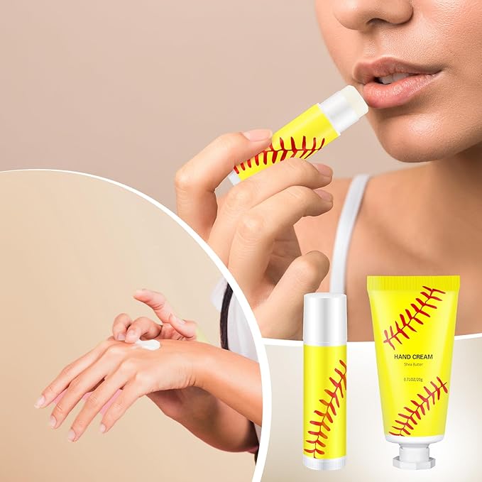 144 Pcs Softball Lip Balm Hand Cream Set Softball Accessories Softball Party Favors Including 36 Softball Lip Balm 36 Moisturizing Hand Cream 36 Bags 36 Softball Cards and Ropes for Kids Gifts-Velvo Beauty