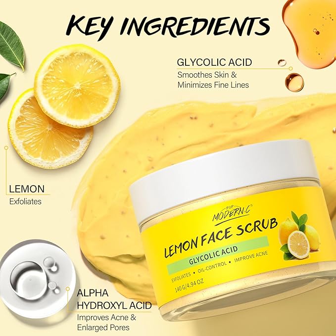 Lemon Face Scrub with Glycolic Acid Microdermabrasion Facial Scrub AHA Exfoliating for Women Men Safe Vegan Improves Acne Blackheads Soft Soothing without Irritation-Velvo Beauty