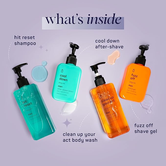 SpaLife Men's Hair & Body Care 4-Piece Set – Body Wash, Shave Gel, After-Shave Gel, Shampoo – Men's Skincare – After-Shave Lotion for Men – Gift Set – Gifts for Men – Gifts for Guys-Velvo Beauty