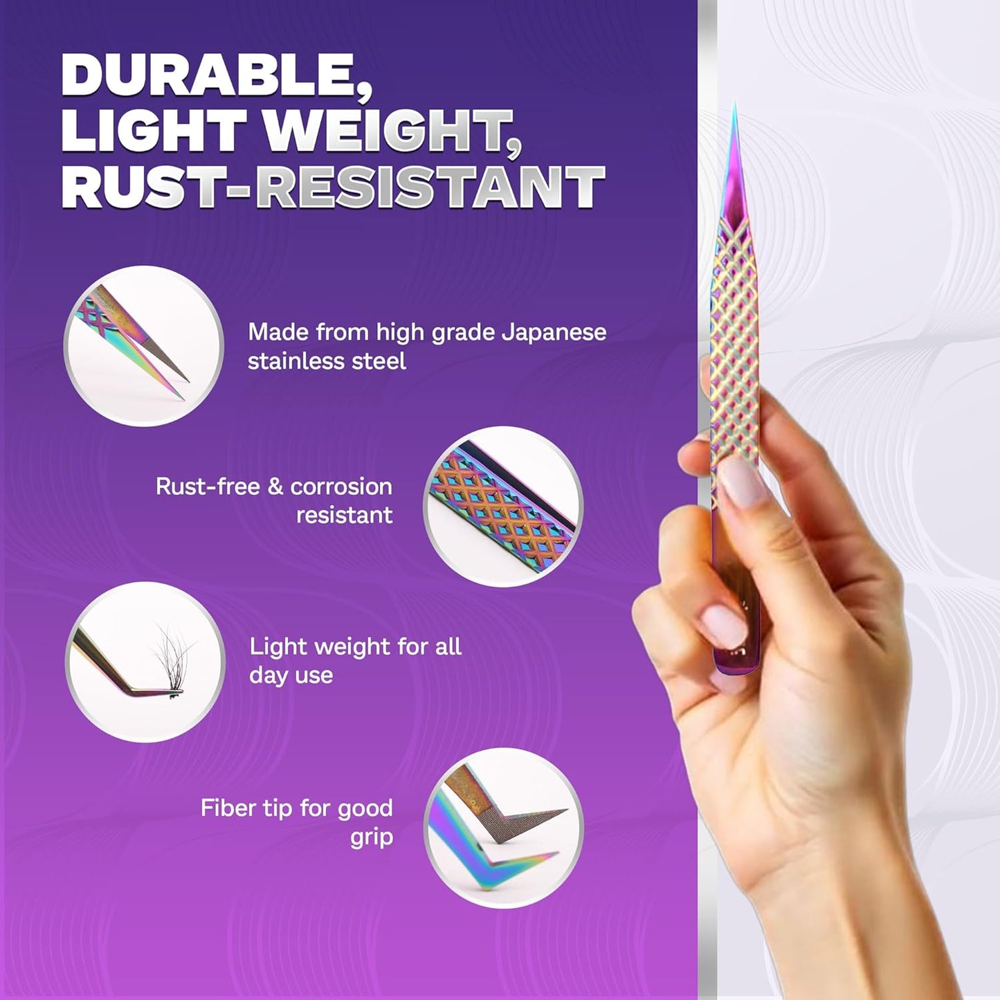 5 Pcs Fiber-Tip Japanese Steel Lash Tweezer Set with Leather Case, Professional Eyelash Tweezers for Lash Extensions – Titanium Coated, 90 & 45 Angled, Precision Pointed Tweezers (Rainbow Color)-Velvo Beauty