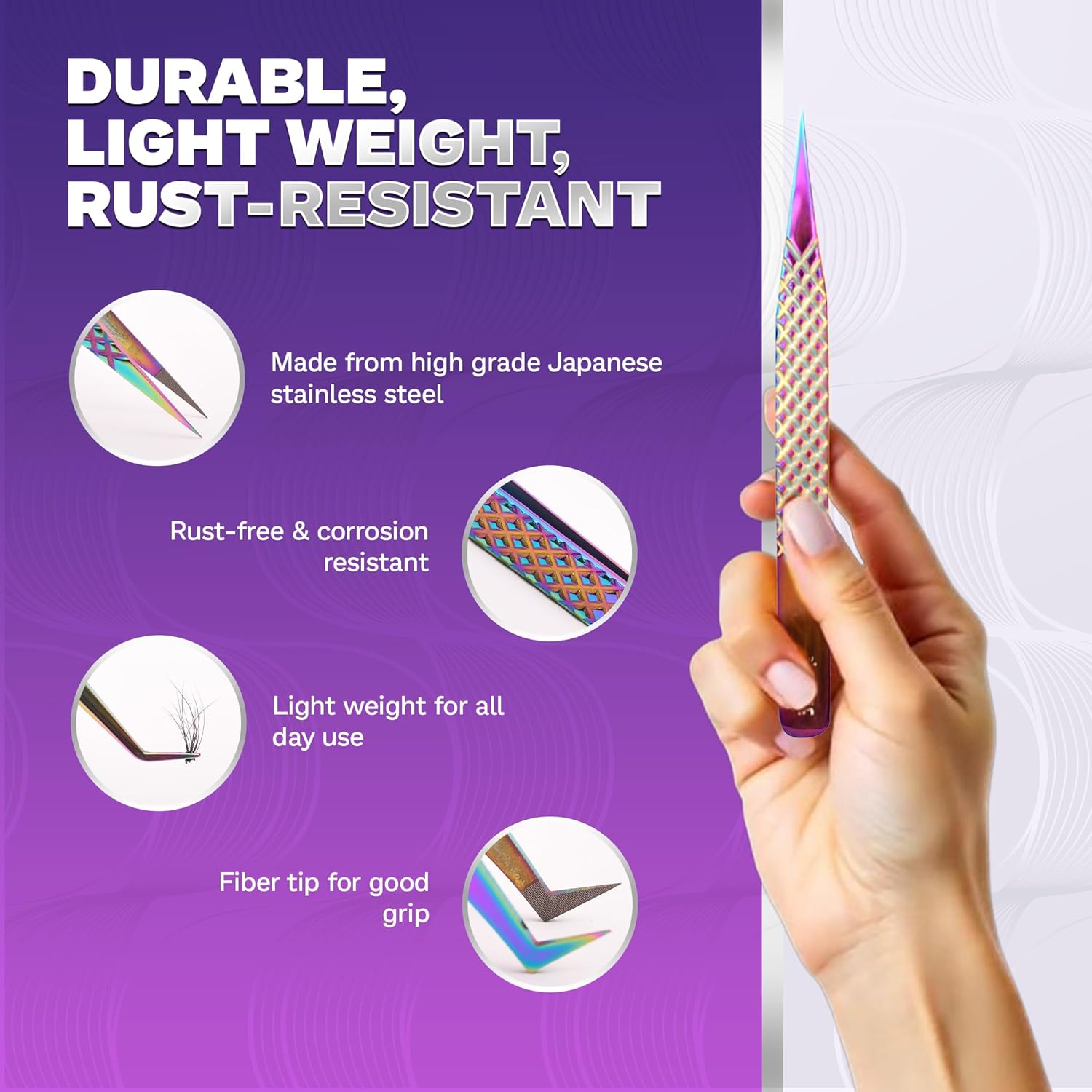 5 Pcs Fiber-Tip Japanese Steel Lash Tweezer Set with Leather Case, Professional Eyelash Tweezers for Lash Extensions – Titanium Coated, 90 & 45 Angled, Precision Pointed Tweezers (Rainbow Color)-Velvo Beauty