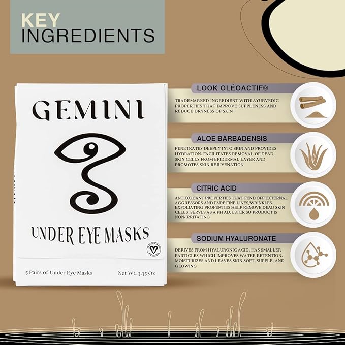 Gemini Under Eye Patches for puffy eyes, dark circles, under eye bags and wrinkles - 5 pairs biocellulose under eye masks for personal care - Certified Vegan-Velvo Beauty