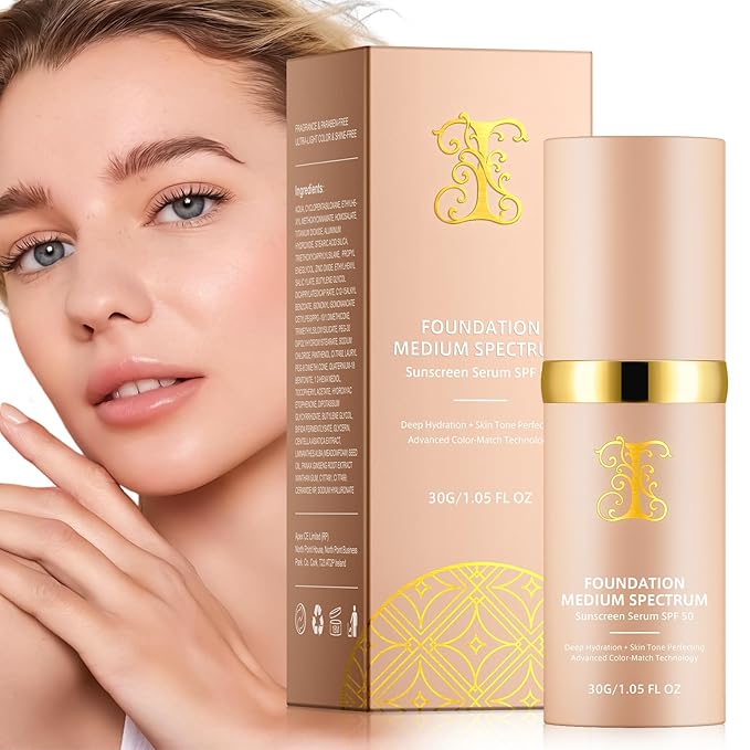Colour Changing Foundation Liquid 4 in 1, Foundation for Older Women, Hydrating Longwearing & Waterproof Concealer, SPF 50+ Makeup Base Nude Face, Medium Spectrum for all Skin-Velvo Beauty