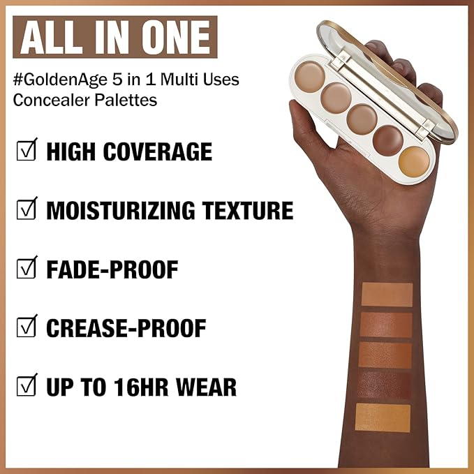 FOCALLURE #GoldenAge 5 in 1 Multi Uses Concealer Palette, 5 Colors Correcting Conceal Palette, Camouflage Contour Palettes for Dark Circles, Face Contouring Highlighter Pallet, BR01 DEEP-Velvo Beauty