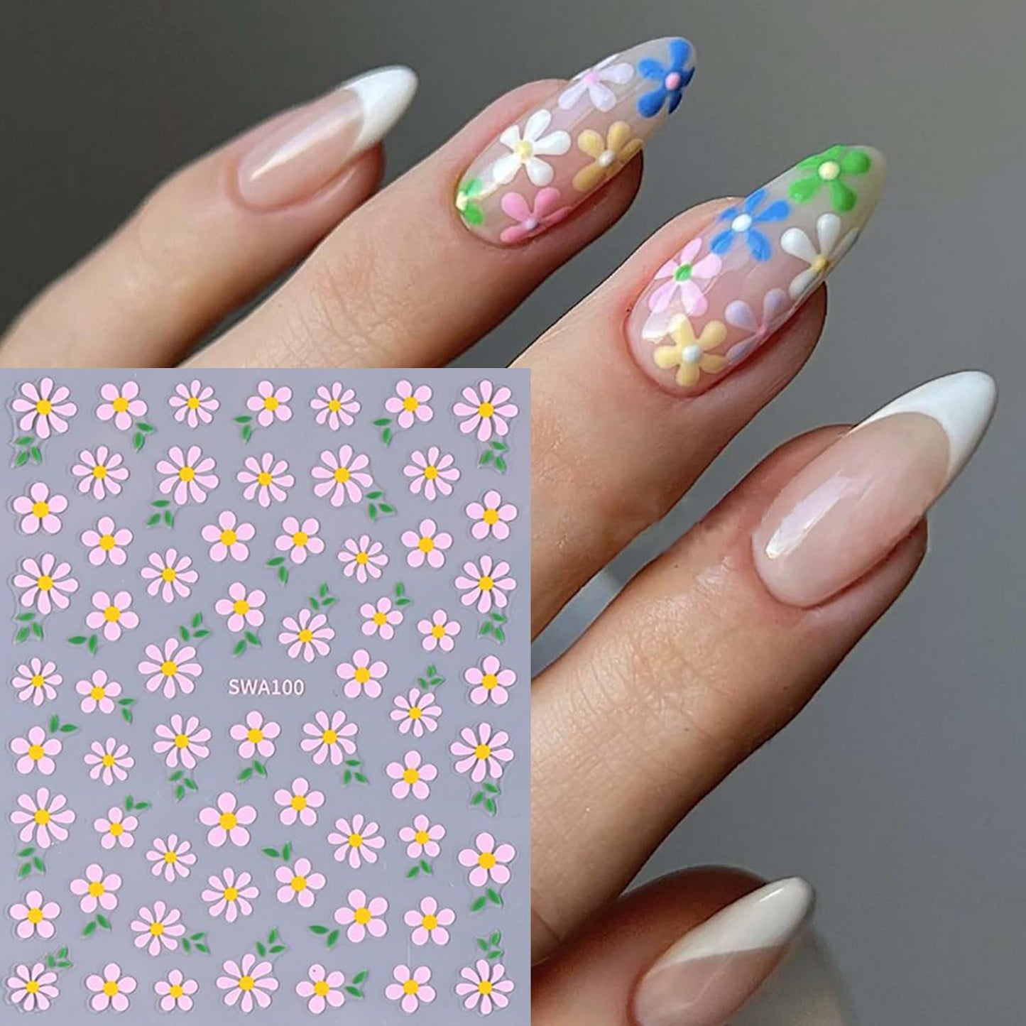6 Sheets Flower Nail Art Stickers Daisy Nail Art Decals 3D Self-Adhesive Spring Nails Sticker Holographic Pink Blue White Blossom Nails Decal Decoration for Women Floral Manicure Supplies-Velvo Beauty