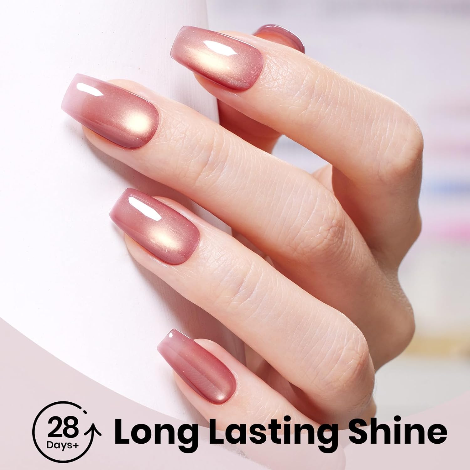 Beetles Pink Cat Eye Gel Nail Polish - 15ML Peach Pink Glass Cat Eye with Gold Powder Magnetic Glitter Gel Polish Soak Off UV Salon DIY French Nail Art Sunlit Champagne Collection Gift for Women-Velvo Beauty