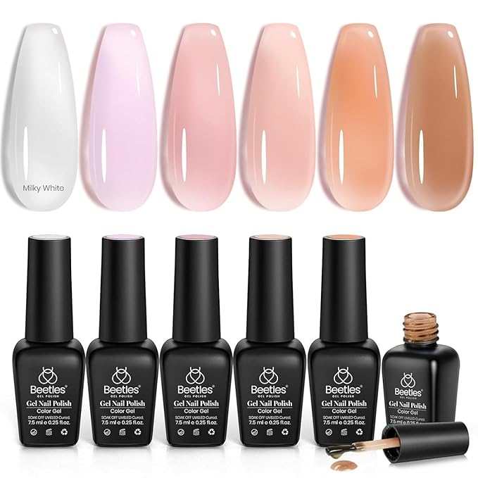 Beetles Jelly Gel Nail Polish Set, 6 Colors Milky White Nude Pink Sheer Brown Gel Polish Kit Nail Concealer Translucent Effect Soak Off Uv French Nail Art Gift for Women Ultimate Monochrome Collection-Velvo Beauty
