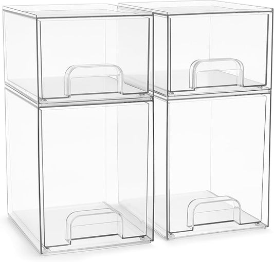 Sorbus Acrylic Storage Containers - 4 Pack, Stackable Storage Bins Set for Bathroom Organization - Clear Acrylic Drawer Organizers - Makeup Case Pull-Out Drawers (7.6’’ and 4.4’’ Tall)-Velvo Beauty