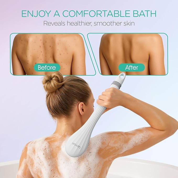 VOYOR Electric Body Brush Back Scrubber for Shower Rechargeable Exfoliating Bath Brush Powered Shower Brush with Non-Slip Long Handle Deep Cleansing, Exfoliation, Massaging Spin Brush BC100 (Gery)-Velvo Beauty