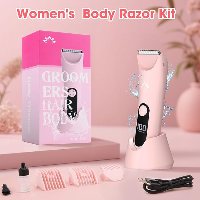 Bikini Trimmer for Women, Painless Pubic Hair Trimmer for Armpit Leg Arm Body Private Area,Rechargeable Womens Electric Razors Shaver LED Light Ceramic Blade IPX7 Waterproof Wet/Dry LCD Display,Pink-Velvo Beauty