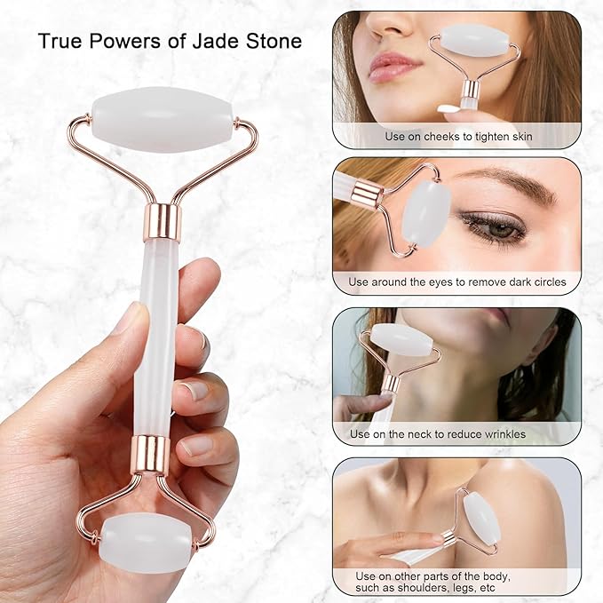 Jade Roller for Face, Facial Roller Massager Skin Care Tool, Gua Sha Facial Tools for Face, Neck, Eyes, Reduce Puffiness of The Skin - White-Velvo Beauty