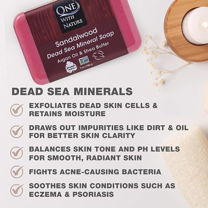 One With Nature Dead Sea Salt Sandalwood Soap 4oz 3-Pack – Purifying and Exfoliating Soap Bar with Dead Sea Minerals and Sandalwood for Face & Body, for Men & Women-Velvo Beauty