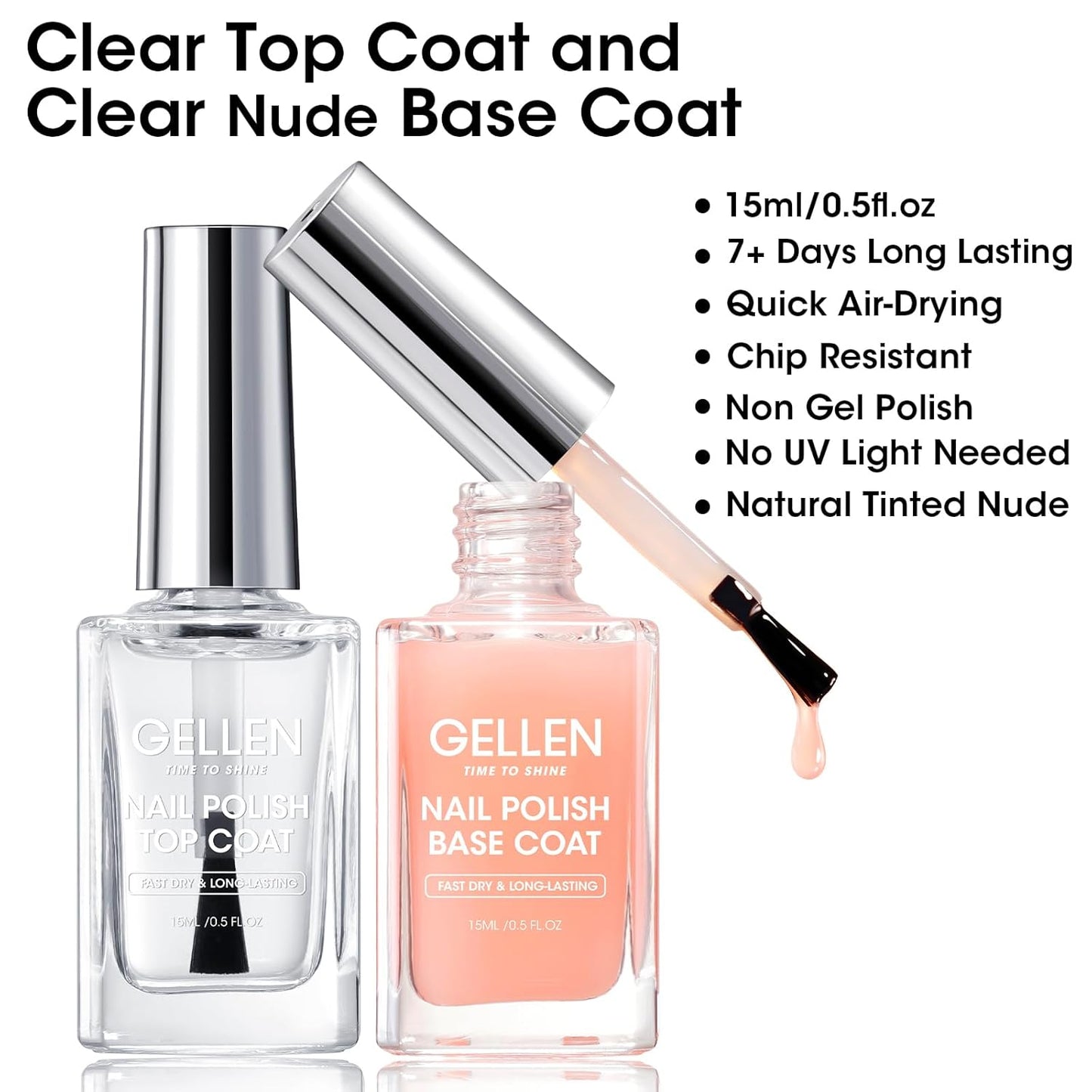 Gellen Clear Nail Polish Base Top Coat, No Wipe Shine Top Coat & 4-In-1 Tinted Nude Base Coat Strengthens Nails - Calcium, Quick Dry Natural Color Regular Nail Polish, Not UV Gel, Hema Free, Non-toxic-Velvo Beauty