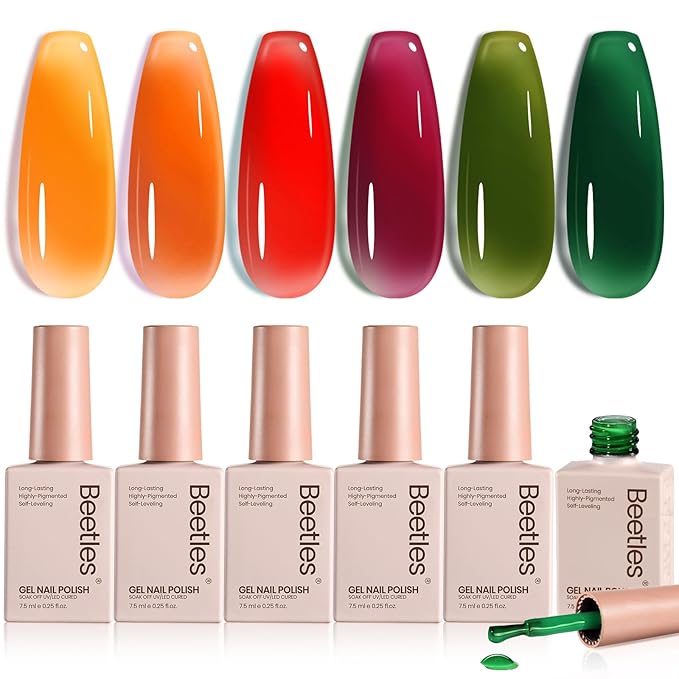 Beetles Jelly Gel Nail Polish Set - 6 Colors Yellow Orange Burgundy Red Purple Green Fall Gel Polish Kit Sheer Translucent Effect Soak off UV Nail Art Autumn Prism Series Manicure Gift for Women-Velvo Beauty