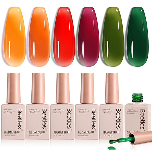 Beetles Jelly Gel Nail Polish Set - 6 Colors Yellow Orange Burgundy Red Purple Green Fall Gel Polish Kit Sheer Translucent Effect Soak off UV Nail Art Autumn Prism Series Manicure Gift for Women-Velvo Beauty