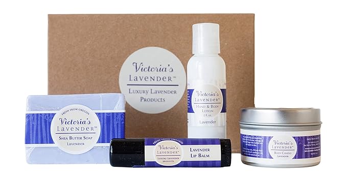 Victoria's Lavender Natural Body Products Gift Set - Handmade Soap, Hand & Body Lotion, Lip Balm, Body Candle Skin Care Sets & Kits, Lavender Bath and Body Products for Women, Lavender-Velvo Beauty