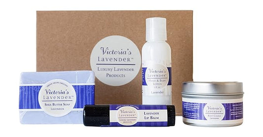 Victoria's Lavender Natural Body Products Gift Set - Handmade Soap, Hand & Body Lotion, Lip Balm, Body Candle Skin Care Sets & Kits, Lavender Bath and Body Products for Women, Lavender-Velvo Beauty