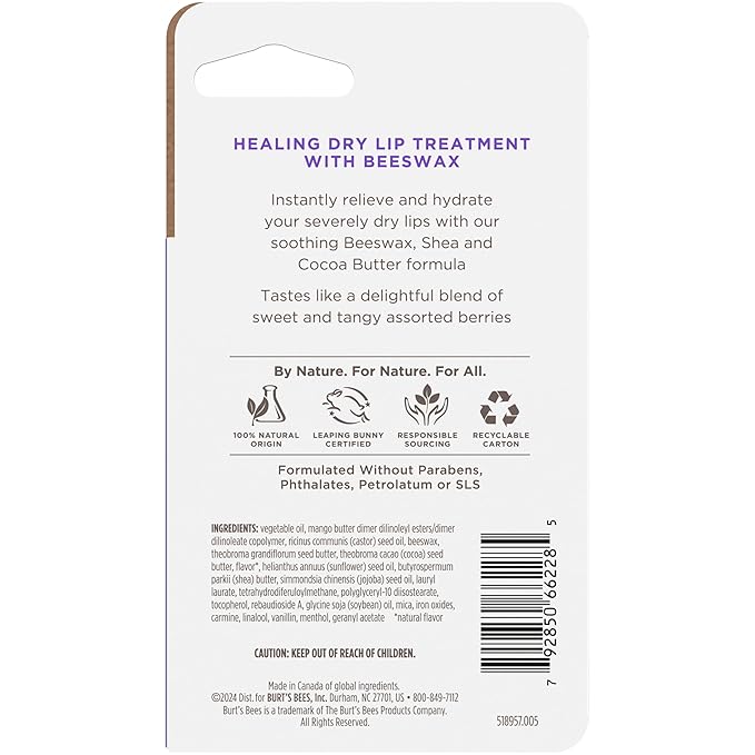 Burt's Bees Rescue Lip Relief, Berry Medley, Hydrating Lip Balm for Dry Cracked Lips, with Responsbily Sourced Beeswax and Shea Butter, 100% Natural Origin, 1 Squeezy Tube, 0.35oz-Velvo Beauty