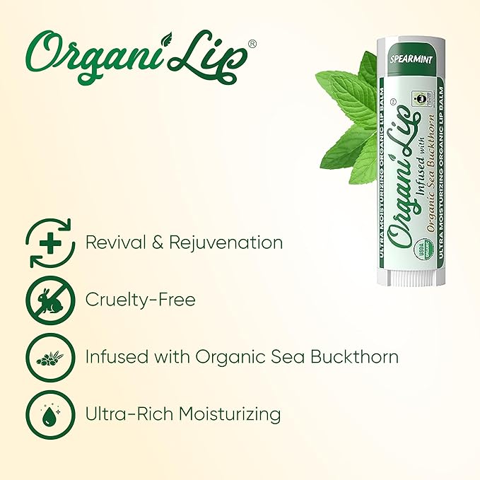 Organic Lip Balm, Spearmint Flavor, Ultra Hydrating Lip Moisturizer for Dry Lips, Oval Shaped Tube, USDA Certified Organic, 3 Pack - OrganiLip-Velvo Beauty