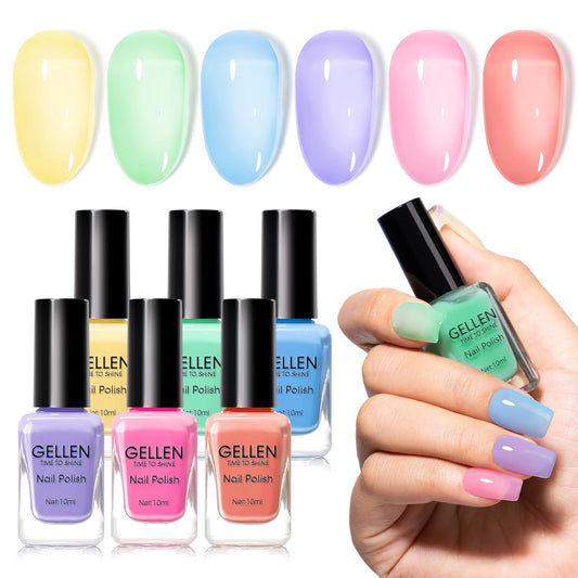 GELLEN Clear Pastel Jelly Nail Polish, Sheer Natural Regular Nail Polish Quick Dry Spring Summer 6-Color Set for Acrylic Natural Nails Home Salon, No UV Gel, Chip Resistant, Hema Free, Non Toxic-Velvo Beauty