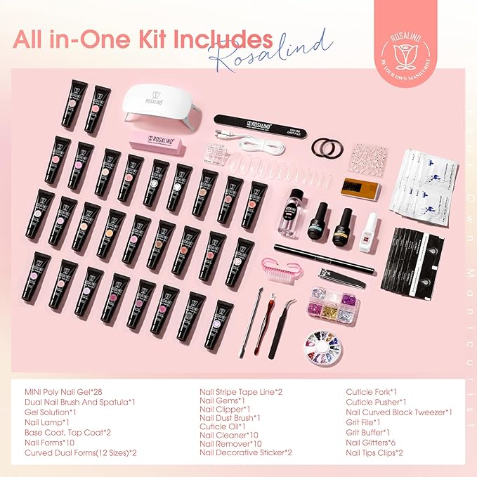 ROSALIND 28 Colors Poly Nail Gel Kit with Mini U V/LED Lamp White Nude Poly Nails Gel Kit Starter Kits With Slip Solution Pink Extensions Set for Nail Manicure Beginner-Velvo Beauty