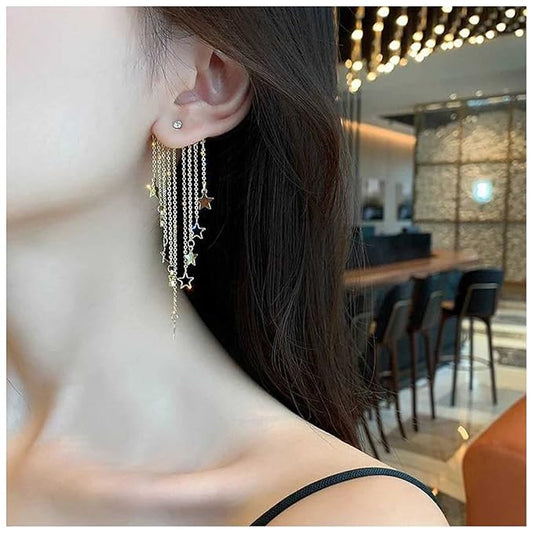 Boho Star Chain Tassel Earrings Gold Star Dangle Earrings Long Chain Drop Earrings Tiny Star Fringe Chain Earrings Jewelry for Women and Girls-Velvo Beauty