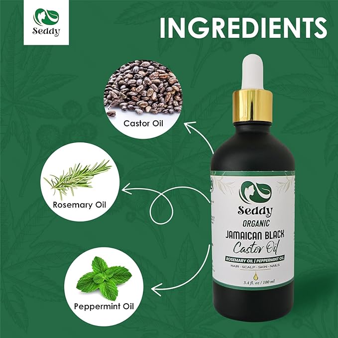 Seddy Organic Jamaican Black Castor Oil - with Rosemary & Peppermint in Glass Bottle - Cold Pressed | Hexane-Free | Promotes Hair Growth | Strengthens Hair | Hair Treatment Oil - 3.4 Fl. Oz-Velvo Beauty