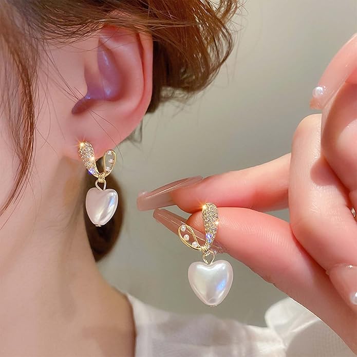 Vintage Crystal Pearl Heart Dangle Earrings Rhinestone Pearl Drop Earrings Gold Cz Pearl Stud Earrings Heart Love Earrings Jewelry for Women-Velvo Beauty