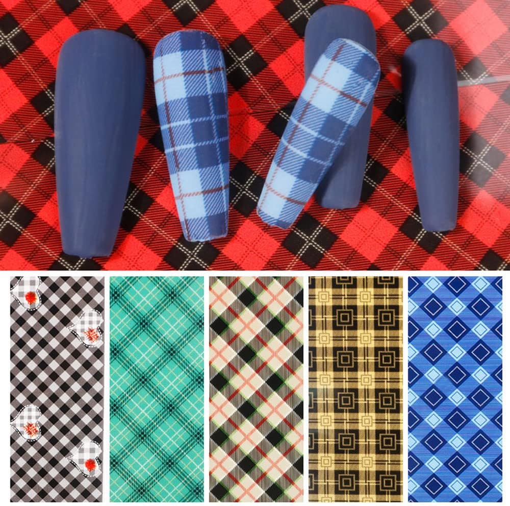 10 Colors Buffalo Plaid Nail Art Foils Christmas Nail Transfer Stickers Supplies Buffalo Plaid Design Nail Decal Tips Wraps Adhesive Glitters Acrylic DIY Nail Decoration-Velvo Beauty
