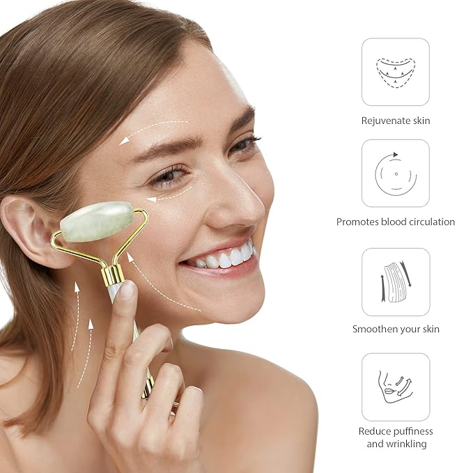 BAIMEI Jade Roller & Gua Sha Set Face Roller and Gua Sha Facial Tools for Skin Care Routine and Puffiness, Self Care Gift for Men Women - Light Green-Velvo Beauty
